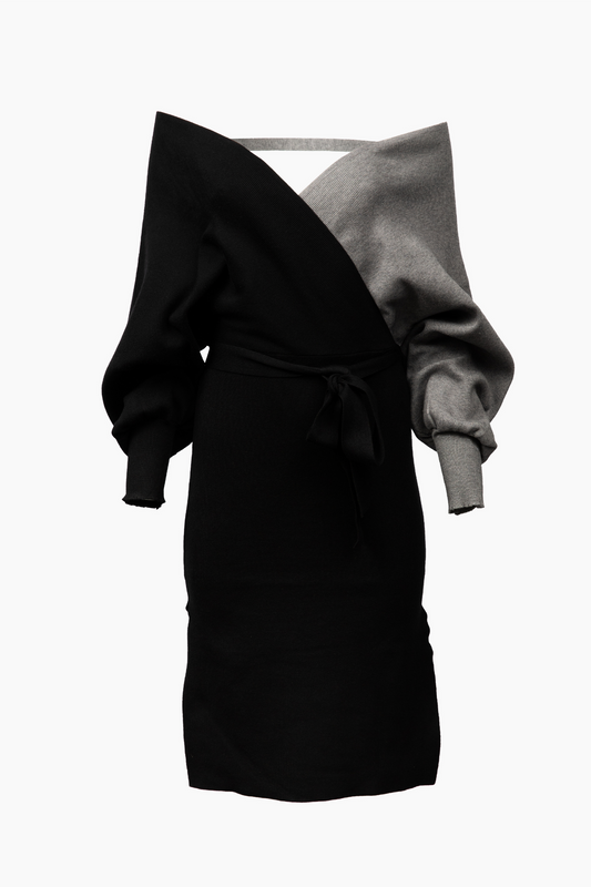Black & Grey Faux Wrap Dress